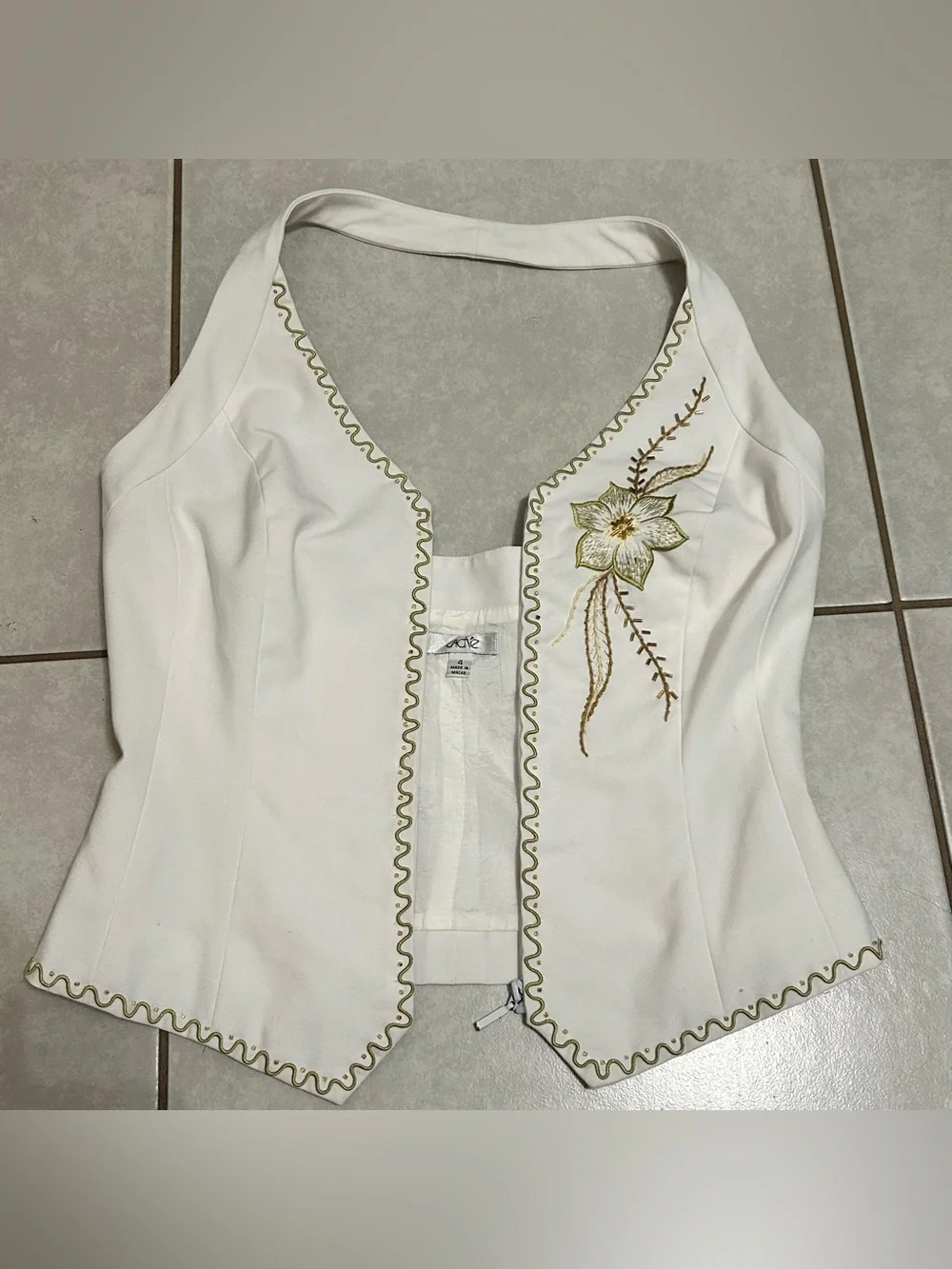 Cache White Halter Top with Green Embroidered Flower - Picture 2 of 7